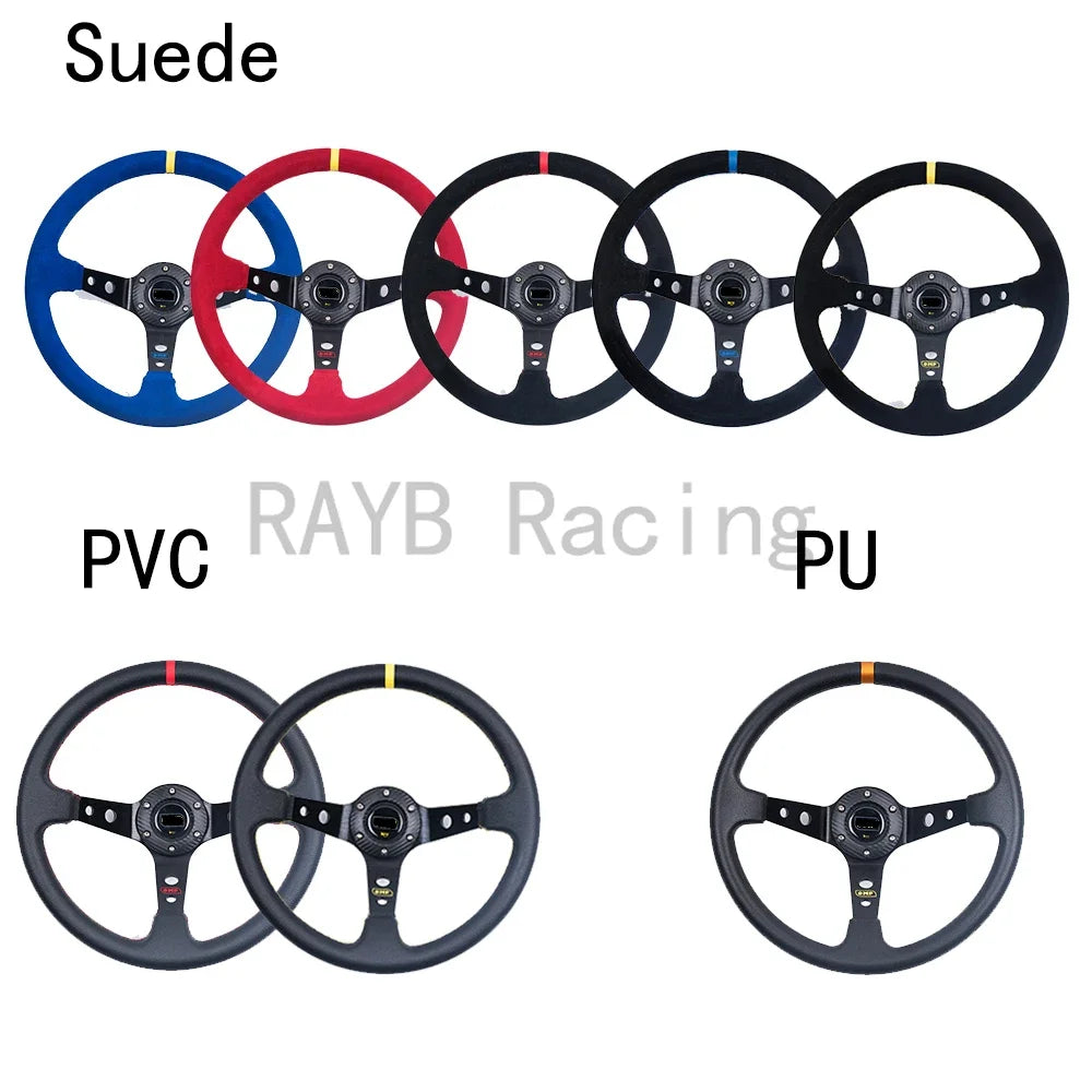 Universal 14 Inch 350Mm Suede/Pvc/Pu Car Aluminum Racing Steering Wheels Deep Corn Drifting Sport Auto Steering Wheel with Logo
