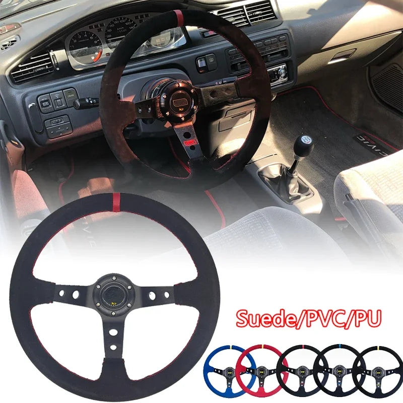 Universal 14 Inch 350Mm Suede/Pvc/Pu Car Aluminum Racing Steering Wheels Deep Corn Drifting Sport Auto Steering Wheel with Logo