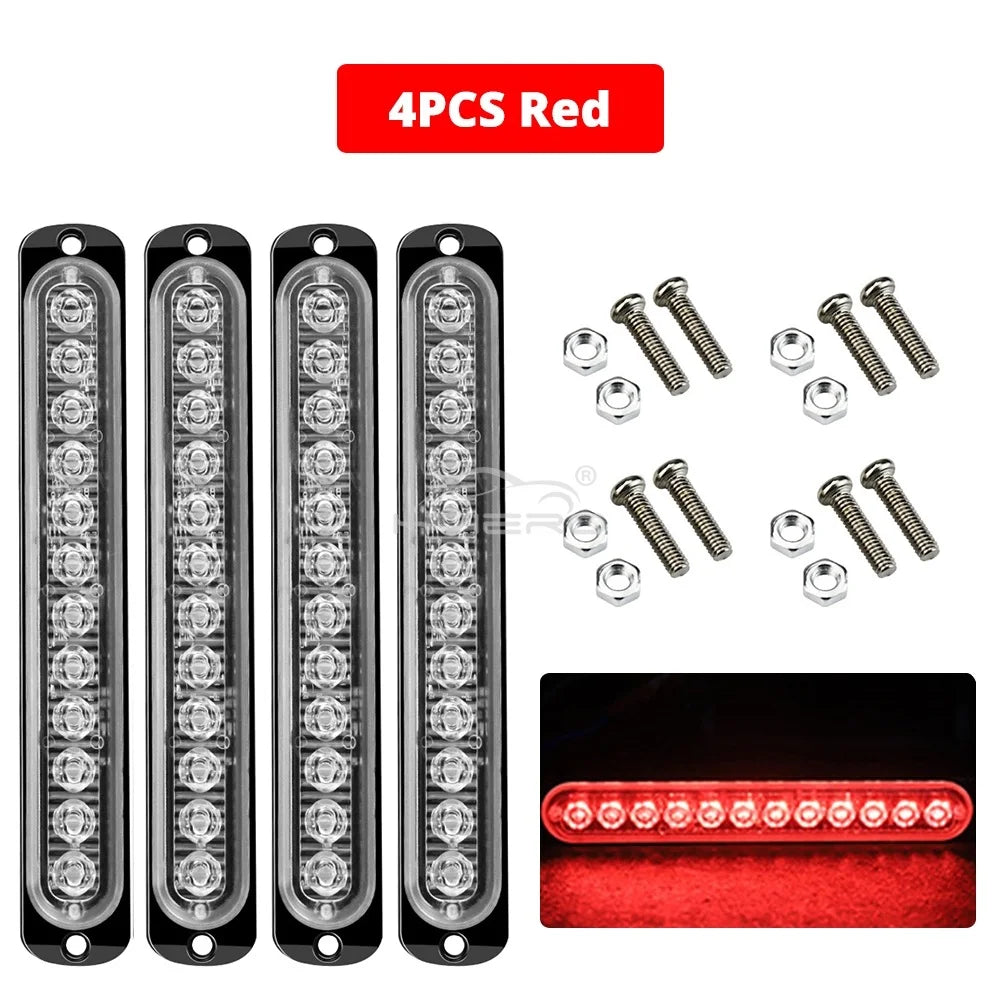 4Pcs Truck Grid Flash Side with IP65 Waterproof Ultra Thin 12LED Strobe Signal Alarm 12-24V Light Modification Tool Taillight